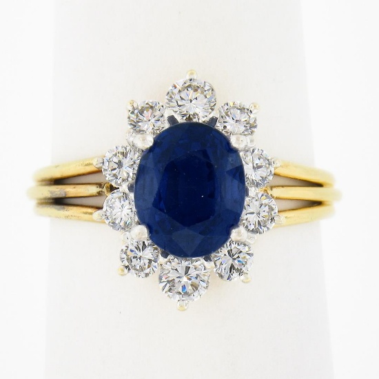 18K Gold 2.95 ctw GIA Burma No Heat Oval Blue Sapphire Diamond Halo Cocktail Rin