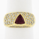 18K Yellow Gold GIA Bezel Triangular Ruby Solitaire Pave Diamond Dome Band Ring