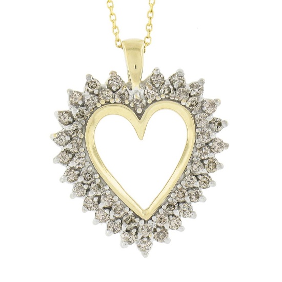 Classic 14K TT Gold 1 ctw Champagne Diamond Open Heart Pendant w/ Chain Necklace