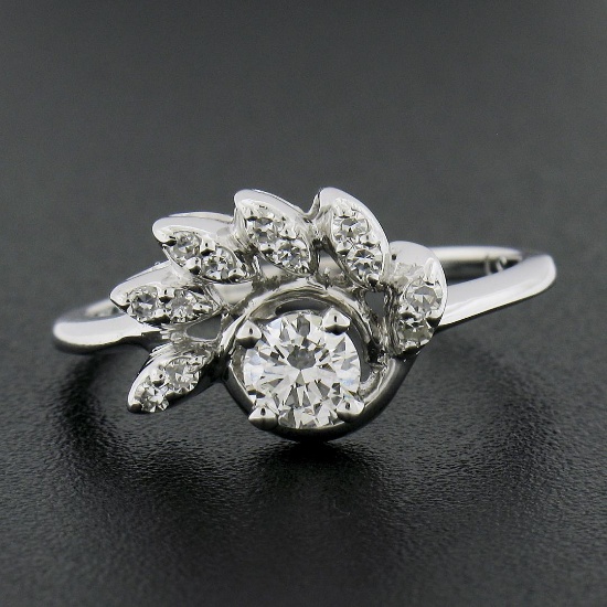 Vintage Solid 14k White Gold 0.45 ctw Round Solitaire Diamond w/ Flame Ring