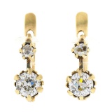 Antique Victorian 14K Gold 1.10 ctw GIA Prong Old European Diamond Drop Earrings
