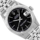 Rolex Ladies Stainless Steel Midsize 31MM Black Index 18K Gold Fluted Bezel Date