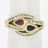 14K Yellow Gold 0.96 ctw Ruby, Sapphire & Diamonds Moi Et Toi Bypass Band Ring