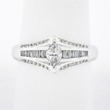 14k White Gold 1.37 ctw Marquise Solitaire Baguette Round Diamond Engagement Rin