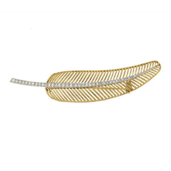 Vintage 18K Gold & Platinum 1 ctw Diamond Polished Long Feather Leaf Brooch Pin