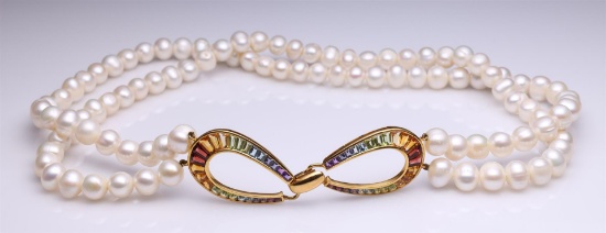 Double Strand Pearl Necklace With 14K Yellow Gold & Graduated Tourmaline Clasp