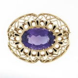 Vintage 14k Gold 13.0 ctw Oval Amethyst Black Enamel Open Work Pendant Pin Brooc