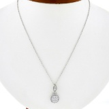 Solid 18k White Gold 1.0 ctw Round Diamond Cluster Pendant & 16