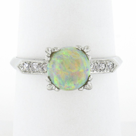 Vintage Platinum 7.6mm Prong Round Cabochon Opal Solitaire Diamond Accents Ring
