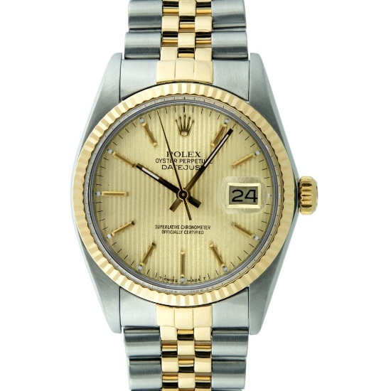 Rolex Mens Two Tone Yellow Gold And Steel Champagne Tapestry Datejust Wristwatch