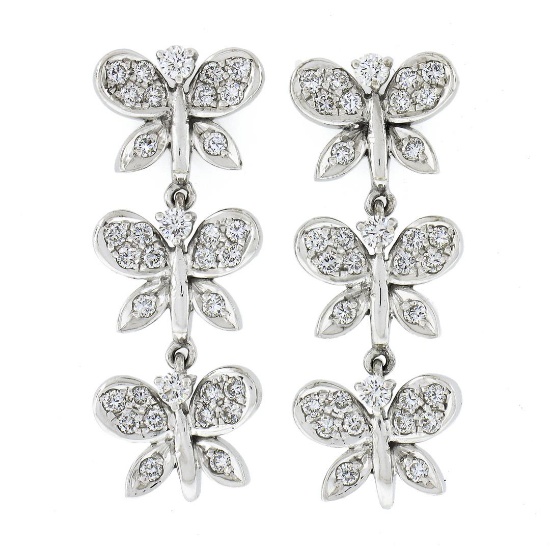 Fancy 18k White Gold 0.80 ctw Round Diamond 3 Tier Butterfly Drop Dangle Earring