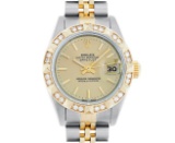 Rolex Ladies Quickset 2T 18K & Steel Champagne Index Dial Diamond Pyramid Bezel