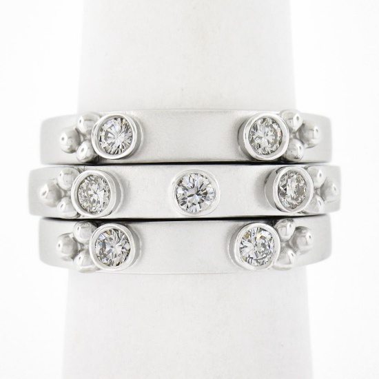 (3) New 14K Gold Puzzle Matte Finish Stack Band Rings W/ 0.46 ctw Bezel Diamonds