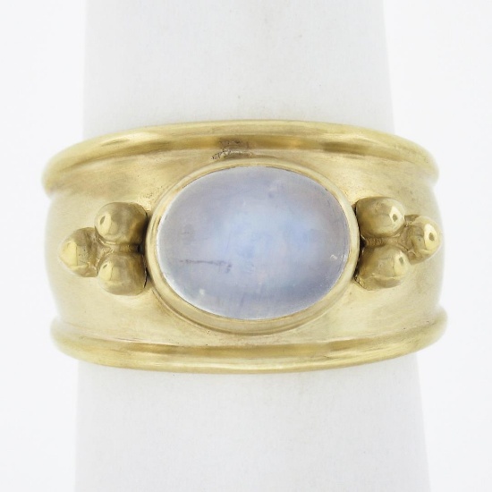 Maz 14k Yellow Gold Oval Moonstone Matte Finish Cigar Band Ring w/ Bead Work