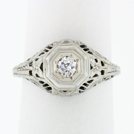 Antique Art Deco 18k White Gold.21 ctw Diamond Solitaire Filigree Engagement Rin