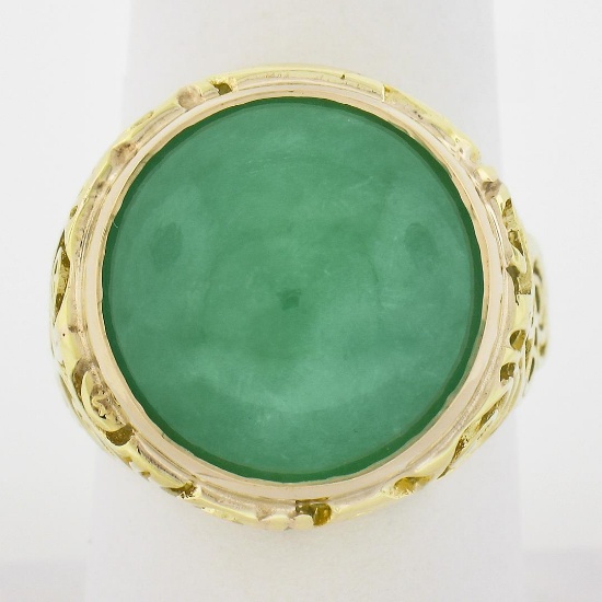 14k Yellow Gold Large 16mm Round Cabochon Bezel Green Jade Spiral Open Work Ring