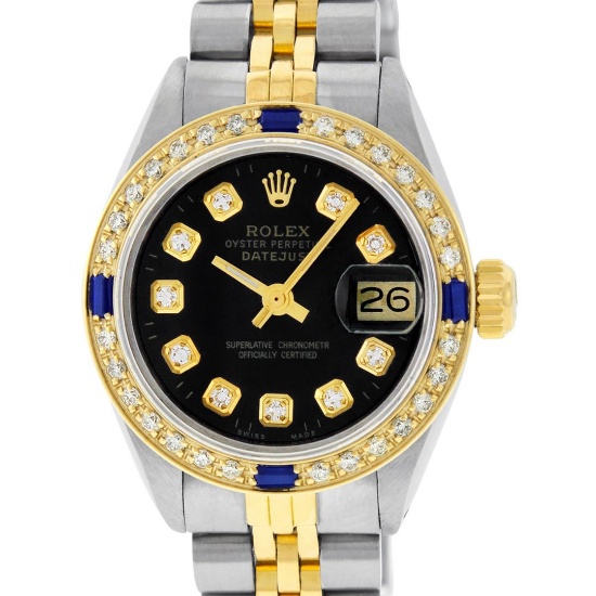 Rolex Ladies Two Tone 18K Yellow Gold And Steel Black Diamond And Sapphire Quick