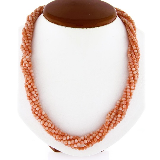 Vintage 24" Multi Strand Coral Bead Torsade Necklace w/ 14k Gold Carved Clasp