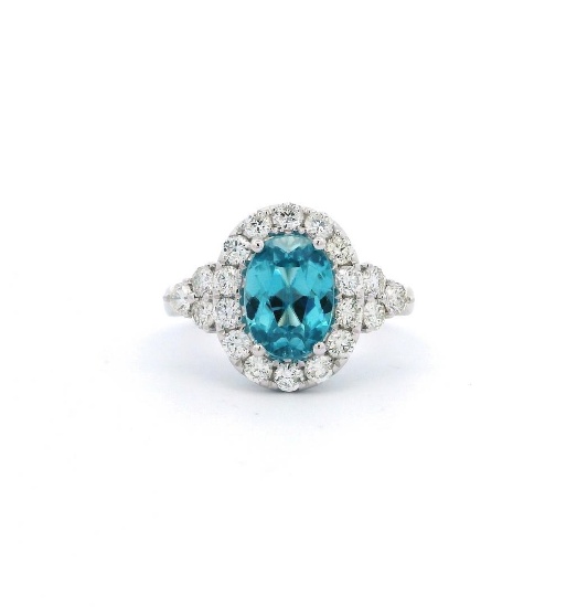 Fashion Blue Zircon & Diamond Halo Ring