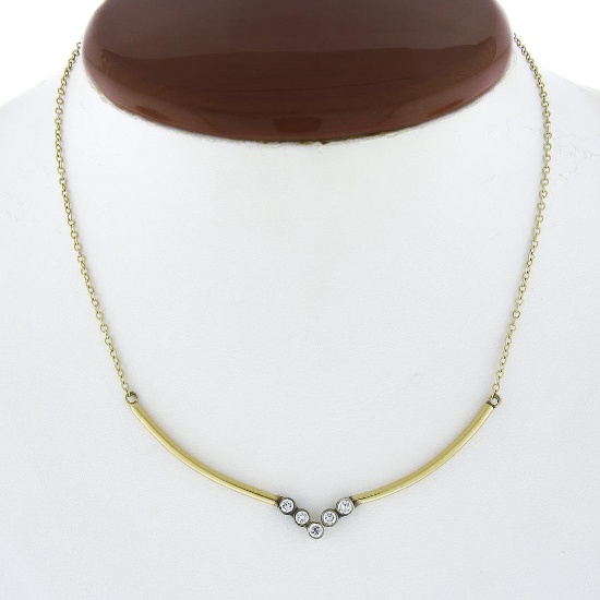 Vintage 14k Yellow Gold 0.30 ctw Bezel Diamond Chevron "V" Drop Collier Necklace