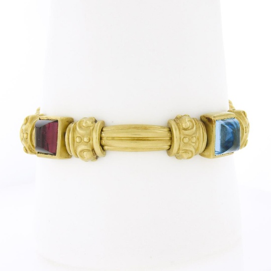 18K Gold & Bezel Set Multi Color Cabochon Gemstone Scroll Grooved Link Bracelet