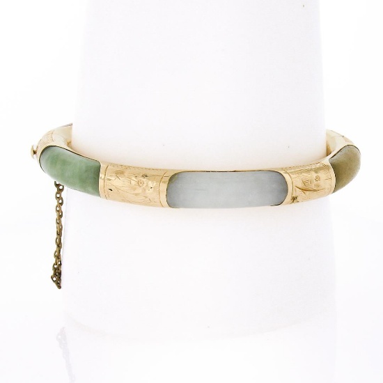 Vintage 14k Gold Multicolor Curved Rounded Jade Engraved Hinged Bangle Bracelet
