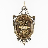 Antique Victorian 14k Gold Seed Pearl & Black Enamel Etched Oval Locket Pendant