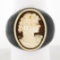 Vintage Carved Black Stone Wide Band Ring w/ 10k Gold Bezel Set Shell Cameo