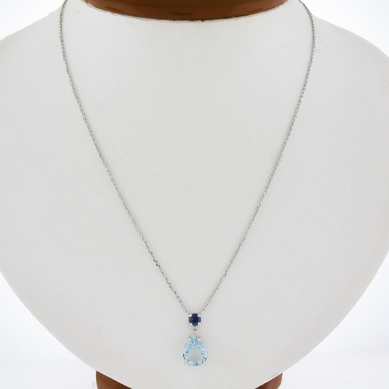 New 14k Gold 2.44 ctw Pear Aquamarine & Sapphire Pendant & Adjustable Cable Chai
