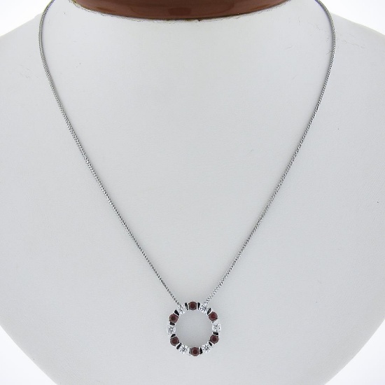 14k White Gold 1.01 ctw Alternating Channel Ruby & Diamond Circle Pendant Chain