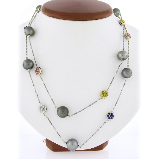 18k Gold 46" Long Chain Necklace w/ Tahitian Pearl Sapphires & Diamonds Station