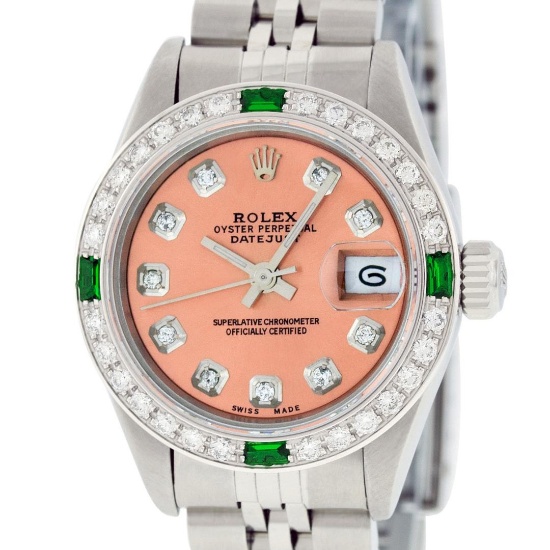 Rolex Ladies Quickset Stainless Steel Salmon Diamond And Emerald Wristwatch 26MM