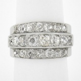Antique Edwardian Platinum 2.75 ctw Chunky Old Mine Diamond 3 Row Wide Band Ring