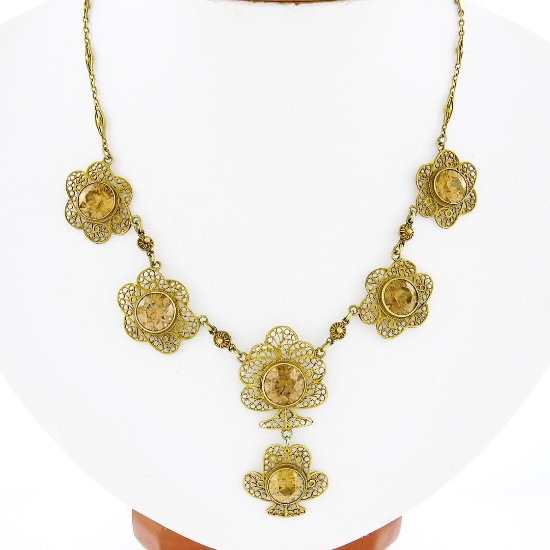 Antique 14K Gold 21.40 ctw GIA Brownish Yellow Zircon Open Filigree Work Necklac