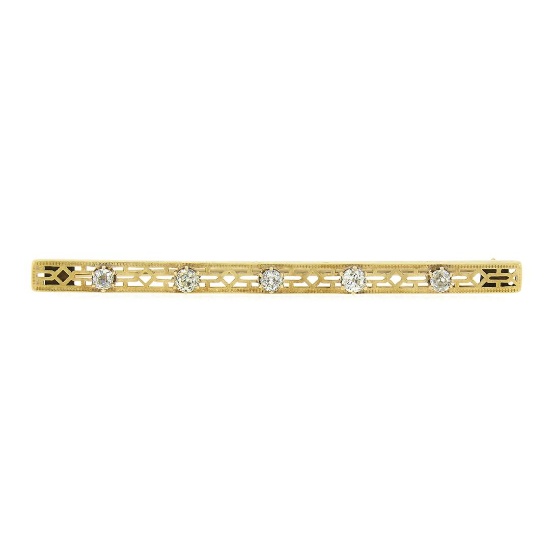 Antique Strobel & Crane 14k Gold .60 ctw European Diamond Filigree Bar Pin Brooc