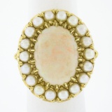Vintage 14K Yellow Gold Oval Cabochon Opal Solitaire & Pearl Bead Cocktail Ring
