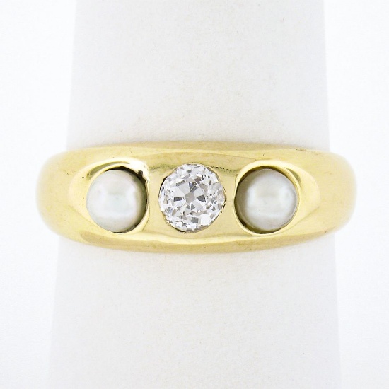 Antique 14k Yellow Gold 0.28 ctw European Diamond w/ 3.9mm Pearl Accents Band Ri