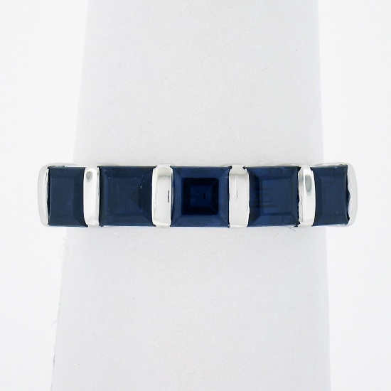 Platinum 1.75 ctw Square Step Cut Blue Sapphire Bar Channel Set 5 Stone Band Rin
