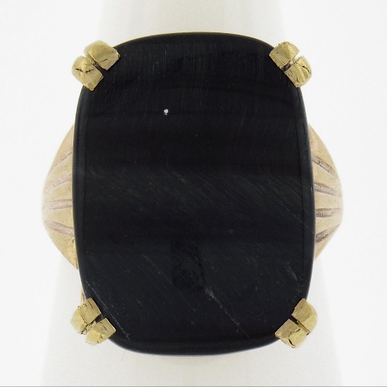 Vintage 9 ctw Yellow Gold 21.3x15.8mm Flat Cushion Black Agate Solitaire Ring