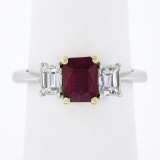 18K Gold & Platinum 2.15 ctw GIA Burma VIVID RED Ruby & Emerald Cut Diamond Ring