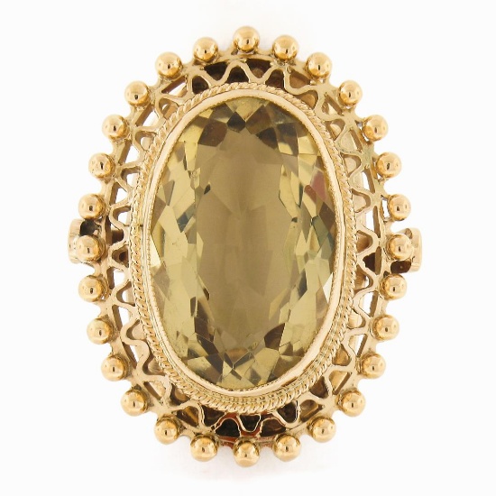 Vintage 18k Gold Milgrain Bezel Oval Citrine Open Work Beaded Large Platter Ring