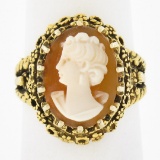 Vintage 14k Gold Oval Carved Shell Cameo w/ Twisted Wire Frame Cocktail Ring