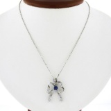 Vintage 18K White Gold 1 ctw Sapphire & Diamond Bow Ribbon Pendant w/ 14k Chain