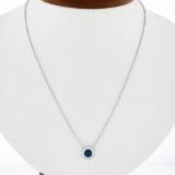 NEW 14K White Gold 1.07 ctw Round Sapphire & Diamond Halo Pendant Chain Necklace