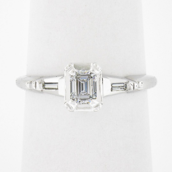 Vintage 14k Gold Illusion Set Emerald Cut Diamond Solitaire w/ Accents Ring