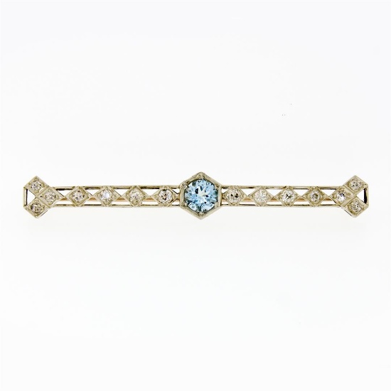 Antique Edwardian 14k Gold 2.28 ctw Round Aquamarine European Diamond Bar Brooch