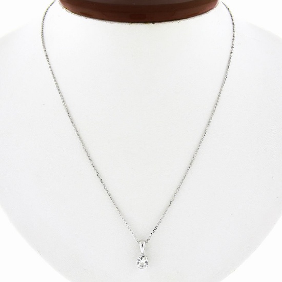 New 14k White Gold 0.56 ctw European Diamond Half Bezel Solitaire Pendant & Chai