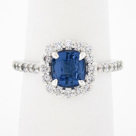 NEW Platinum 1.89 ctw GIA NO HEAT Cushion Blue Spinel Brilliant Diamond Halo Rin
