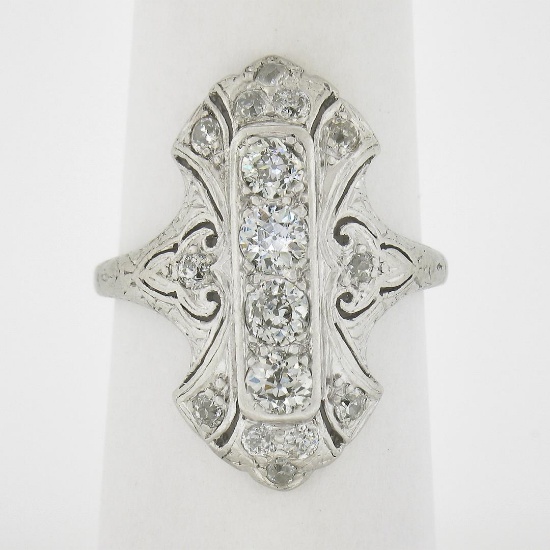 Antique Edwardian Platinum 1 ctw Old Diamond Milgrain Detailed Long Dinner Ring