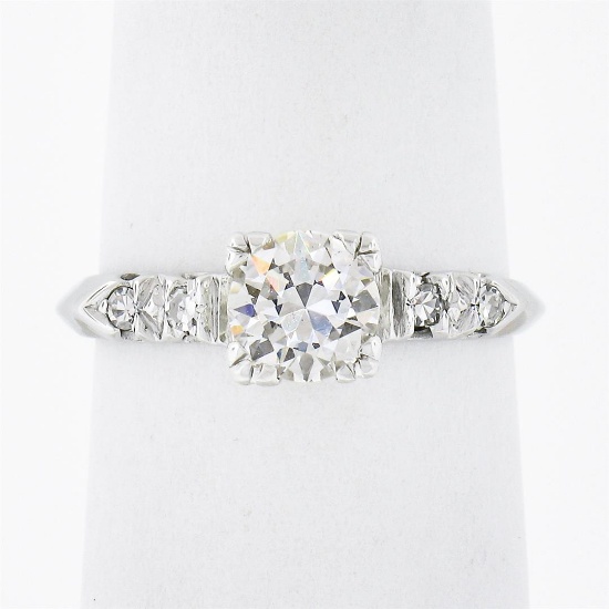 Vintage 14K White Gold.73 ctw Transitional Cut Diamond Engagement Ring w/ Accent